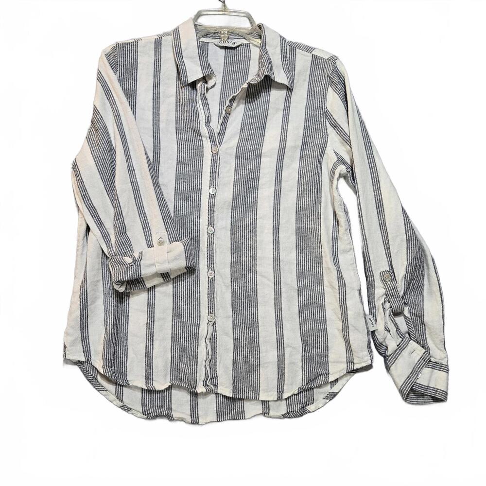 Orvis Women's Linen Blend Striped Button Down Shirt Roll Tab Sleeve Grey White M